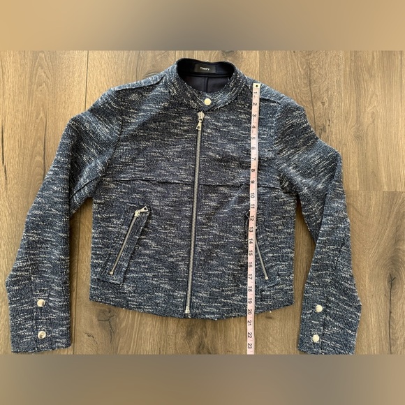 THEORY Bavewick Branson Moto Jacket Blue Tweed Raw Hem Size Medium - Picture 8 of 9